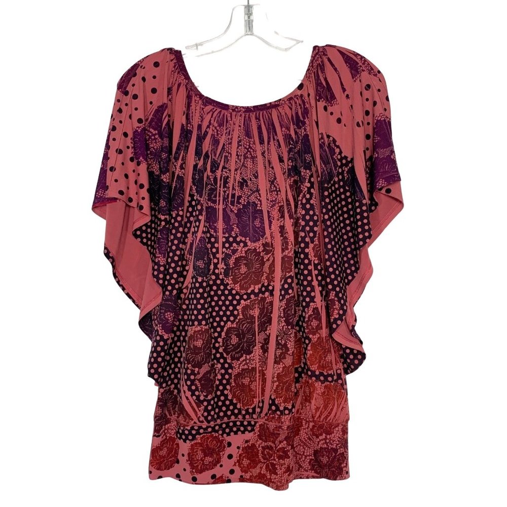 Women's Boho Printed Top Size S Flouncing Flared Flutter Short Sleeve Blouse